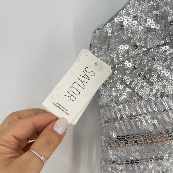 SAYLOR | Persephone Top & Mini Skirt Set in Platinum Silver Sequin Disco S - Picture 12 of 16